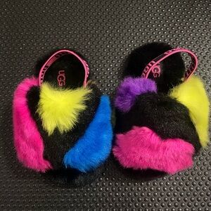 UGG Pink and Yellow Faux Fur Sandels